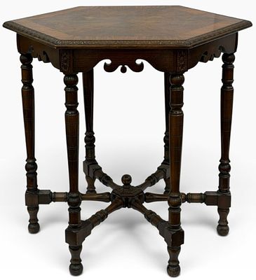 Antique Hexagonal Side Table. This side table features an octagonal shaped top with scrollwork 