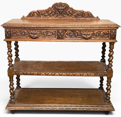 Antique Hand Carved Gothic/Renaissance Sideboard/Buffet. 3 Tier Sideboard Cabinet with 2 
