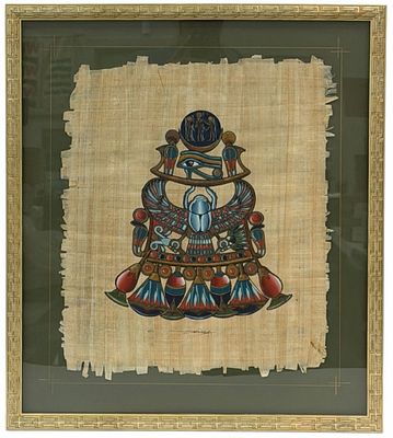 Artist Signed "Scarab Pectoral of King Tutankhamun" Acrylic on Papyrus. This features a 