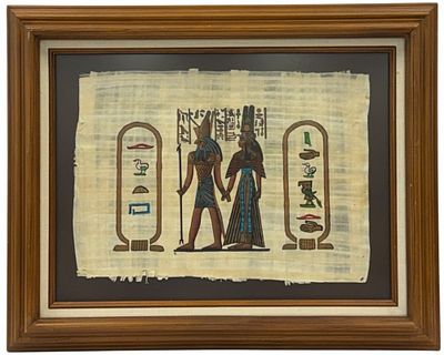 Hand-Painted Egyptian Papyrus Artwork, Framed. This piece depicts the god Horus leading Queen 