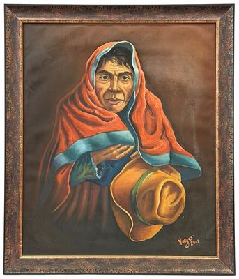 Artist Signed Peruvian Portrait Oil on Canvas, Framed. The piece is signed Vargus 2001 and 