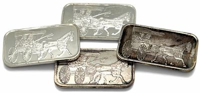 (4) SilverTowne Horse & Surrey Carriage One Ounce .999 Fine Silver Bars. (4) SilverTowne Horse 