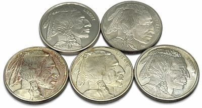 (5) Buffalo-Indian Head 1 Troy Ounce .999 Fine Silver Rounds.? Total weight 5 troy ounces of 