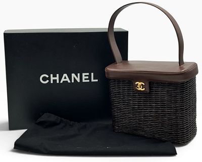 Vintage Chanel 1997-99 Karl Lagerfeld Dark Brown Wicker Basket Picnic Bag in Box. This is an 