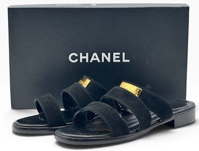 Vintage Chanel 1998 Spring Collection Black Suede Slide Sandals in Box, Size 10. These luxury 