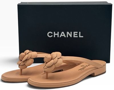 Vintage Chanel Camellia Thong Sandals in Box, Size 10. This stunning pair of Vintage Chanel 