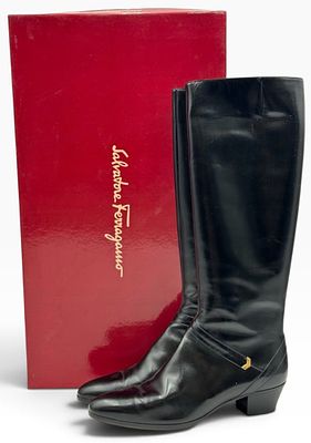 Vintage Salvatore Ferragamo Smooth Black Leather Knee High Boots in Box, Size 10. This lot 