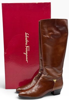 Vintage Salvatore Ferragamo Brown Leather Knee High Boots, Size 9 1/2. These Vintage boots are 