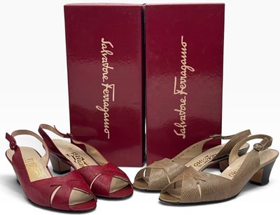 Set of Two Salvatore Ferragamo Open-Toe Lizard Calf Heels in Boxes. This includes a pair of red 