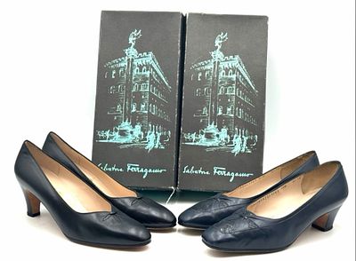 (2) Salvatore Ferragamo Pumps and Heels, Size 9-1/2.?Includes a vintage navy blue leather 