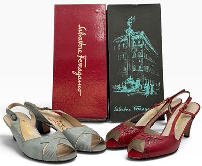 (2) Salvatore Ferragamo Slingback Peep-Toe Sandals, Size 9-1/2 AA & B. (2) Salvatore Ferragamo 