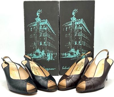 (2) Pair Of Vintage Salvatore Ferragamo Peep-Toe Slingback Pumps, Size 9-1/2. Includes a 