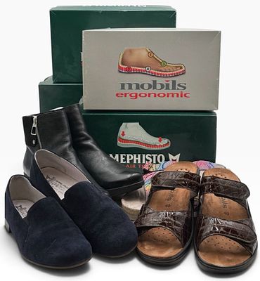 (4) Mephisto Mobils Ulda, Pakita, Helen And Maroussia Footwear, Size 9-1/2, 10. Includes a pair 