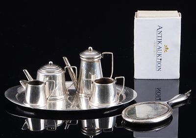 925 Silver Miniature Coffee Service and Hand Mirror around 1917, England John Rose,. 925 silver 