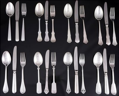 Robbe & Berking 8 Cutlery Sets - various decors,. silver-plated, 24 pieces, stamped 150 + Robbe 