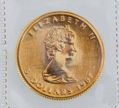 5 Dollar Gold Coin Elizabeth II, 1987, Gold 999.9/1000, Canada 5 Dollar Gold Coin, Maple Leaf 