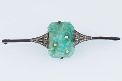 Art Deco 925 Silver Brooch with Jade and Diamonds, England 1930-1940, 925 Sterling silver 