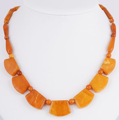 Art Deco Amber Necklace,. Amber necklace in various shapes: discs, rods, beads and olives, screw 