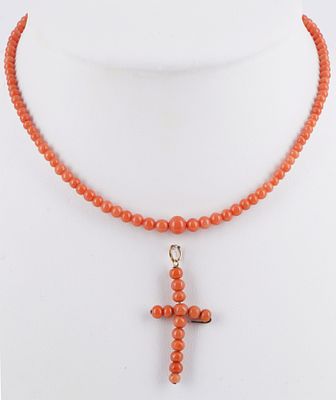 Coral Necklace and Cross Pendant 19th Century,. Historicism, 19th century, necklace and cross 