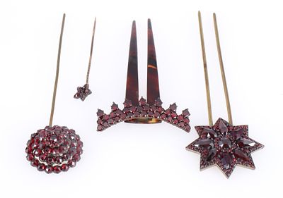 Bohemian Garnet Jewelry - antique hair comb and hairpin,. Bohemia, made from 1880, 2x hair combs 