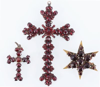 Garnet Jewelry Bohemian Garnet 2 Cross Pendants and Brooch,. Two antique cross pendants and a 