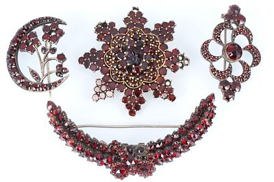 Garnet Jewelry Bohemian Garnet 4 Brooches,. Four antique brooches with Bohemian garnets 
