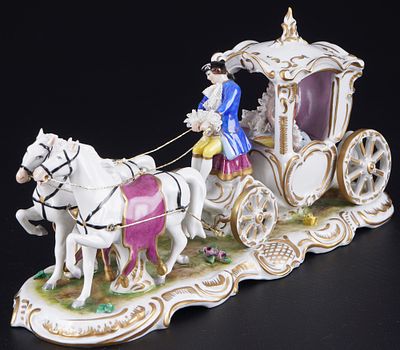 Aelteste Volkstedt Two-Horse Carriage,. Aelteste Volkstedt two-horse carriage, porcelain, blue 
