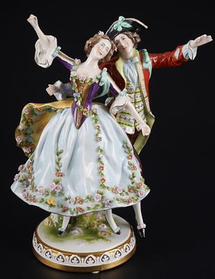 Scheibe-Alsbach dancing Rococo couple, porcelain, blue company mark, dancing lovers, H 29 cm x 