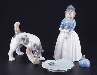 Royal Copenhagen Traditional Costume Child with Fox Terrier and 2 Frogs,. porcelain, Denmark 