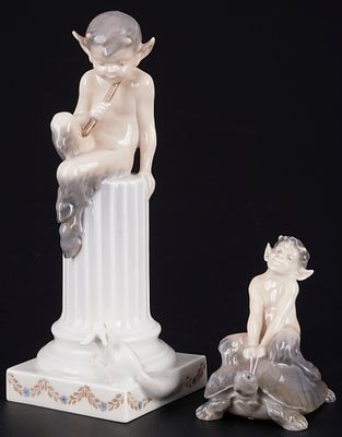 Royal Copenhagen Faun on Column and Faun on Turtle,. porcelain, Denmark, with green company mark 