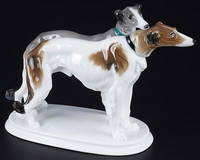 Karl Ens two Borzoi - Anton B&Uuml;SCHELBERGER, porcelain, green mill mark, design by Anton 