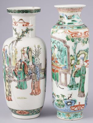Pair of Wucai Vases with Figural Scenes, China Qing Dynasty,. Porcelain, China, Qing Dynasty 