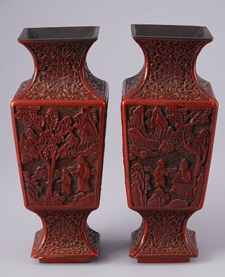 Pair of red lacquer vases with figurative landscape scenes, China Qing Dynasty,. Pair of red 