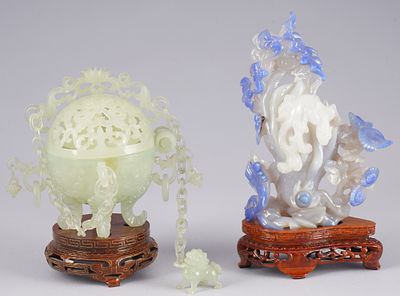Two fine jade carvings, China. Jade, China, two finely carved jade objects with bases: a 