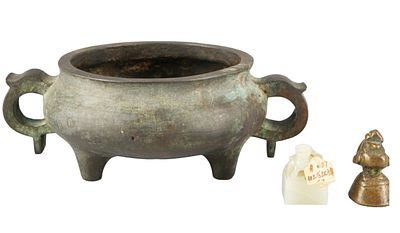 Bronze incense burner with jade stamp and opium weight, China Qing,. Bronze and jade, China Qing 