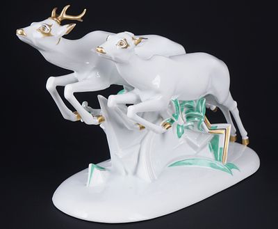 Rosenthal Art Deco deer group - Gerhard SCHLIEPSTEIN,. porcelain, green company mark, design by 