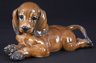 Rosenthal reclining dachshund puppy - Fritz Heidenreich,. porcelain, green company mark, design 