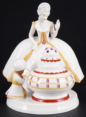 Heubach Aladin figural smoke eater,. porcelain, green company mark, standing lady in a crinoline 
