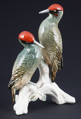 Karl Ens green woodpeckers on branch,. porcelain, blue mill mark, two green woodpeckers on a 