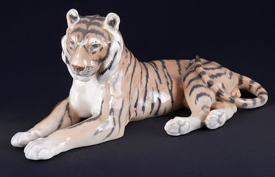 Royal Copenhagen reclining Tiger - Lauritz JENSEN,. porcelain, Denmark, with green company mark 