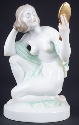 Herend kneeling nude with mirror - NAGY,. porcelain, Hungary 20th century, blue company mark 