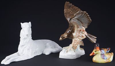 Herend 3 Animal Figures - Turul, Borzoi and Pair of Ducks,. porcelain, Hungary 20th century 