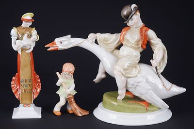 Herend 3 figures - Goose Rider, Maty&oacute; Madonna and Girl with Broom,. porcelain, Hungary 20th 