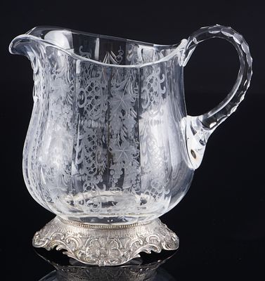 800er Silberkrug / Kanne, wohl Hanau, J. D. Schleissner S&ouml;hne, 
Glas mit Silber 800/000 