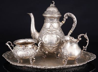 800 Silber Mokka Kaffeeservice, 
800 Silber, 1. H&auml;lfte 20. Jahrhundert, gestempelt 800 + 