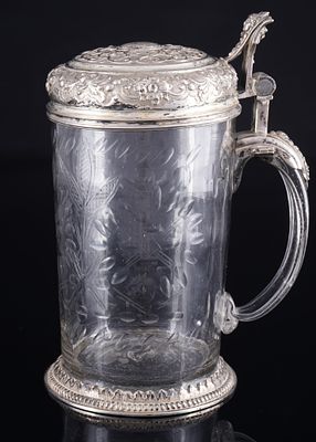 750 Silber Glasgef&auml;&szlig; / Humpen, fr&uuml;hes 18. Jahrhundert, 
Glas / Silber 12-Lot / 750er 