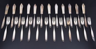 WILKENS Constanze Fischbesteck f&uuml;r 12 Personen, 
800 Silber, gestempelt 800 + Halbmondu.Krone + 