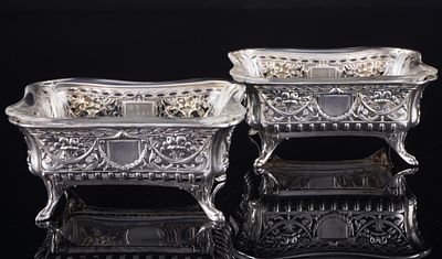 Jugendstil 800 Silber Schalenpaar mit Glaseinsatz - Lazarus Posen Witwe / Gebr. K&uuml;hn, 
830 