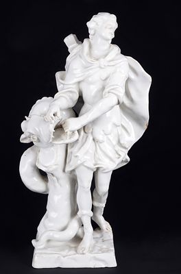Heldenfigur mit Schlangendrache, 18. Jahrhundert, 
Keramik wei&szlig; glasiert, 18. Jahrhundert wohl 