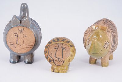 Lisa LARSON (1931-2024) Gustavsberg 3 Tiere - Nashorn, L&ouml;we und Katze, 
Keramik, Schweden 